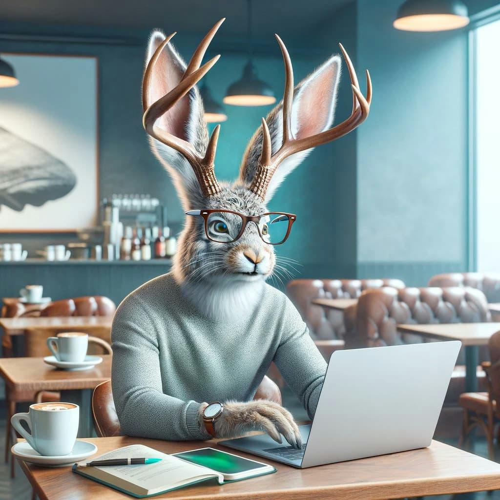 Jackalope with glasses working on his laptop in a coffee shop
